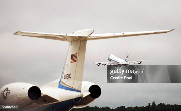 President Barack Obama lifts off on Air Force One at Joint Base Andrews Naval Air Facility May 18, 2010 in Camp Springs, Maryland. Obama is on a trip...