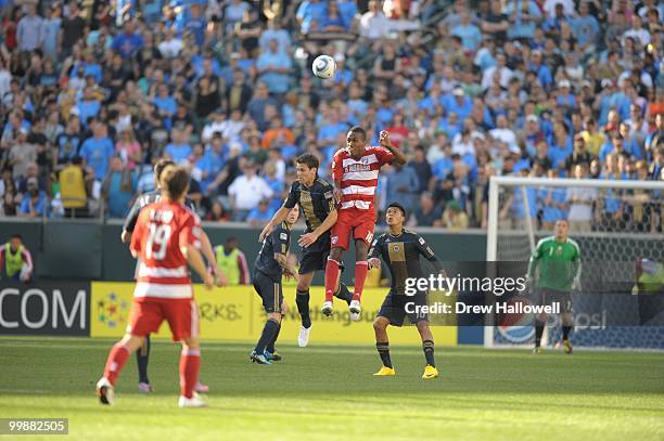 Atiba Harris of FC Dallas heads the ball during the game against Philadelphia Union on May 15, 2010 at Lincoln Financial Field in Philadelphia,...