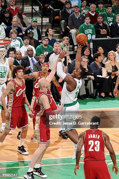 Glen Davis of the Boston Celtics puts a shot up over Zydrunas Ilgauskas of the Cleveland Cavaliers in Game Six of the Eastern Conference Semifinals...