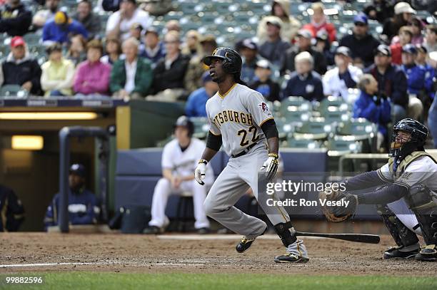 Andrew McCutchen of the Pittsburgh Pirates bats against the Milwaukee Brewers on April 28, 2010 at Miller Park in Milwaukee, Wisconsin. The Pirates...