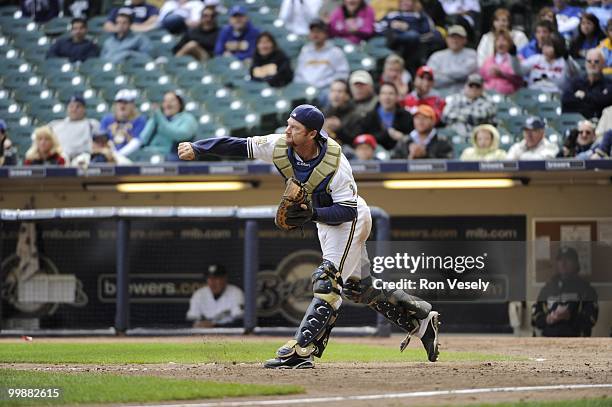 Gregg Zaun of the Milwaukee Brewers throws the ball to second base against the Pittsburgh Pirates on April 28, 2010 at Miller Park in Milwaukee,...
