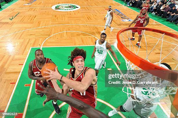 Anderson Varejao of the Cleveland Cavaliers goes to the basket against the Boston Celtics in Game Six of the Eastern Conference Semifinals during the...