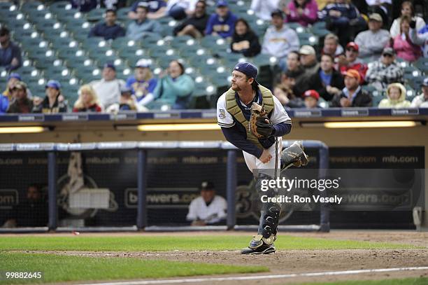 Gregg Zaun of the Milwaukee Brewers throws the ball to second base against the Pittsburgh Pirates on April 28, 2010 at Miller Park in Milwaukee,...