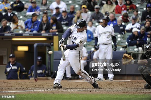 Gregg Zaun of the Milwaukee Brewers bats against the Pittsburgh Pirates on April 28, 2010 at Miller Park in Milwaukee, Wisconsin. The Pirates...