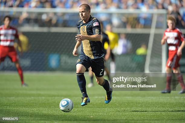 Jordan Harvey of the Philadelphia Union plays the ball during the game against FC Dallas on May 15, 2010 at Lincoln Financial Field in Philadelphia,...