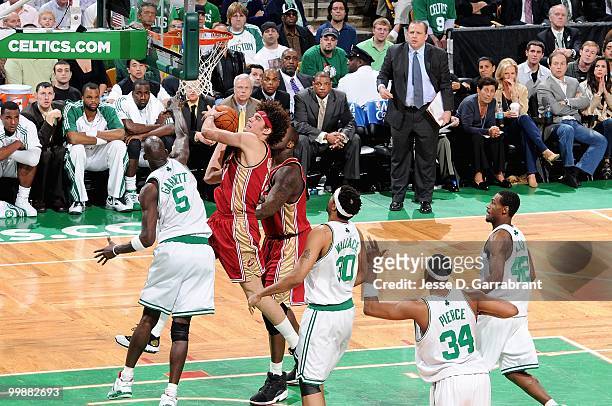 Anderson Varejao of the Cleveland Cavaliers goes to the basket against Kevin Garnett of the Boston Celtics in Game Six of the Eastern Conference...
