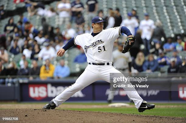 Trevor Hoffman the Milwaukee Brewers pitches against the Pittsburgh Pirates on April 28, 2010 at Miller Park in Milwaukee, Wisconsin. The Pirates...