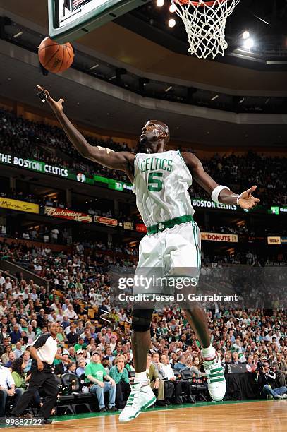 Kevin Garnett of the Boston Celtics reaches for a rebound in Game Six of the Eastern Conference Semifinals against the Cleveland Cavaliers during the...