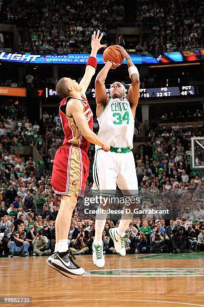 Paul Pierce of the Boston Celtics shoots over Anthony Parker of the Cleveland Cavaliers in Game Six of the Eastern Conference Semifinals during the...