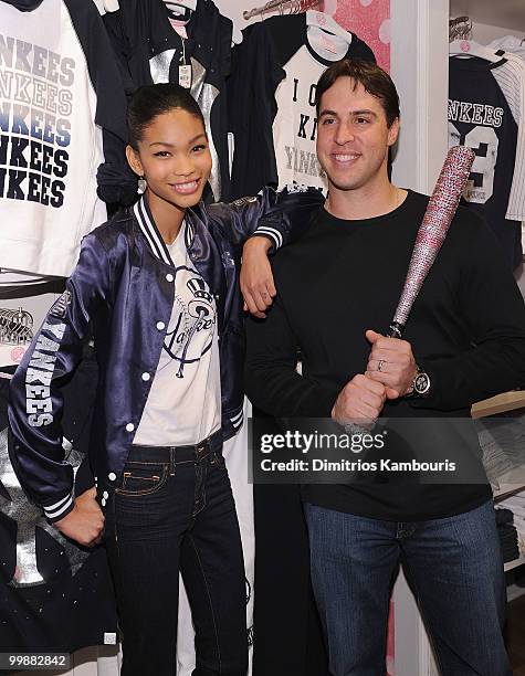 Model Chanel Iman and Mark Teixeira of the New York Yankees pose during the VS Pink Major League Baseball Collection launch at the Victoria's Secret...