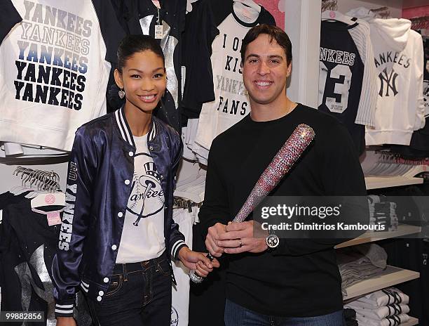 Model Chanel Iman and Mark Teixeira of the New York Yankees pose during the VS Pink Major League Baseball Collection launch at the Victoria's Secret...