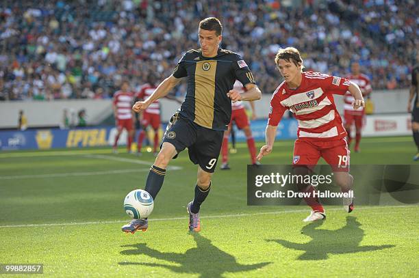 Sebastien Le Toux of the Philadelphia Union plays the ball during the game against FC Dallas on May 15, 2010 at Lincoln Financial Field in...