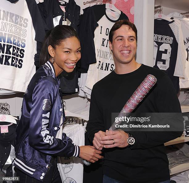 Model Chanel Iman and Mark Teixeira of the New York Yankees pose during the VS Pink Major League Baseball Collection launch at the Victoria's Secret...