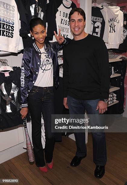 Model Chanel Iman and Mark Teixeira of the New York Yankees pose during the VS Pink Major League Baseball Collection launch at the Victoria's Secret...