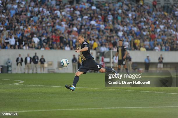 Jordan Harvey of the Philadelphia Union plays the ball during the game against FC Dallas on May 15, 2010 at Lincoln Financial Field in Philadelphia,...