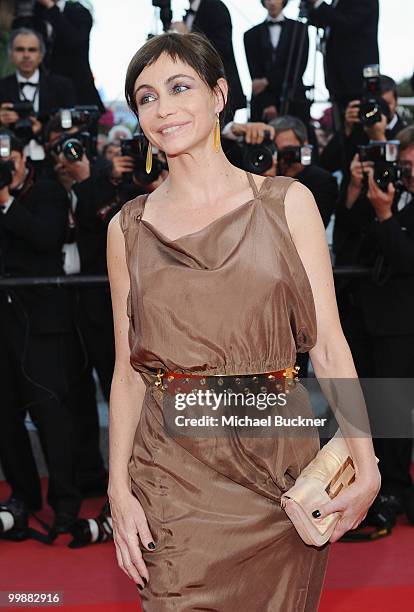 Actress Emmanuelle Beart attends the "Of Gods And Men" Premiere at the Palais des Festivals during the 63rd Annual Cannes Film Festival on May 18,...