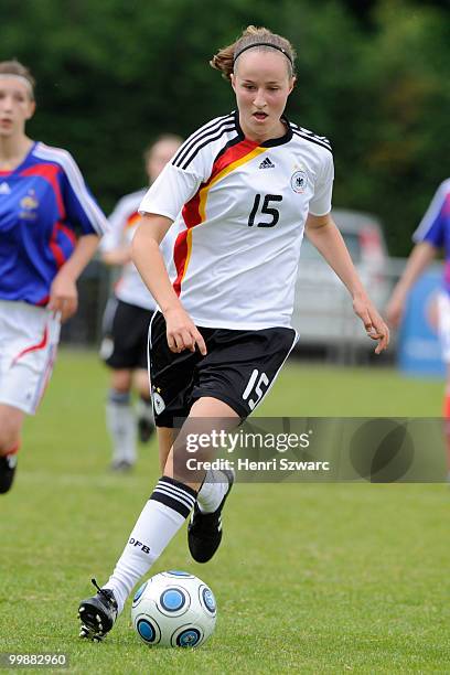 Germany's Fabienne Dongus runs with the ball during the U16 women international friendly match between France and Germany at Parc des Sports stadium...