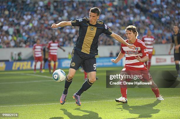 Sebastien Le Toux of the Philadelphia Union plays the ball during the game against FC Dallas on May 15, 2010 at Lincoln Financial Field in...