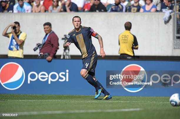 Danny Califf of the Philadelphia Union plays the ball during the game against FC Dallas on May 15, 2010 at Lincoln Financial Field in Philadelphia,...