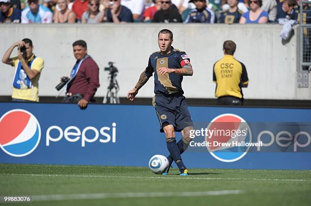 Danny Califf of the Philadelphia Union plays the ball during the game against FC Dallas on May 15, 2010 at Lincoln Financial Field in Philadelphia,...