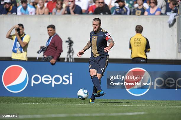 Danny Califf of the Philadelphia Union plays the ball during the game against FC Dallas on May 15, 2010 at Lincoln Financial Field in Philadelphia,...