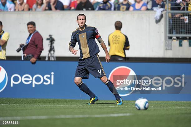 Danny Califf of the Philadelphia Union plays the ball during the game against FC Dallas on May 15, 2010 at Lincoln Financial Field in Philadelphia,...