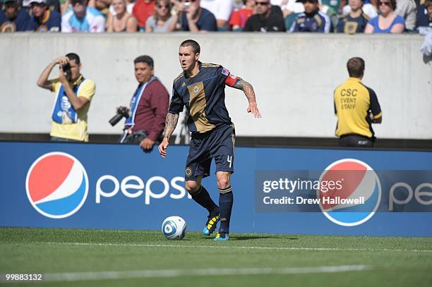 Danny Califf of the Philadelphia Union plays the ball during the game against FC Dallas on May 15, 2010 at Lincoln Financial Field in Philadelphia,...