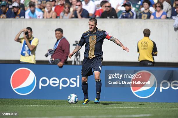 Danny Califf of the Philadelphia Union plays the ball during the game against FC Dallas on May 15, 2010 at Lincoln Financial Field in Philadelphia,...