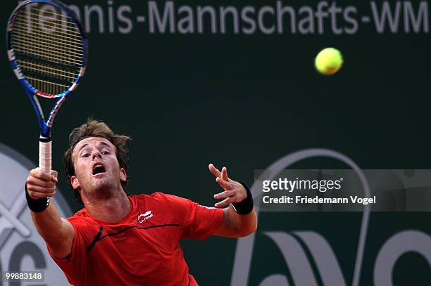 Daniel Gimeno-Traver of Spain plays a forehand during his match against Sam Querrey of USA during day three of the ARAG World Team Cup at the...