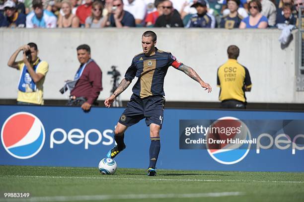 Danny Califf of the Philadelphia Union plays the ball during the game against FC Dallas on May 15, 2010 at Lincoln Financial Field in Philadelphia,...