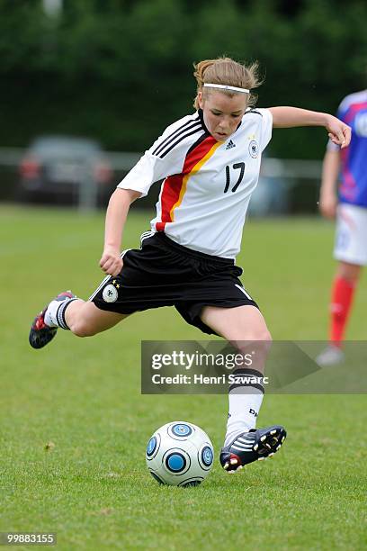 Germany's Linda Dallmann shoots the ball during the U16 women international friendly match between France and Germany at Parc des Sports stadium on...