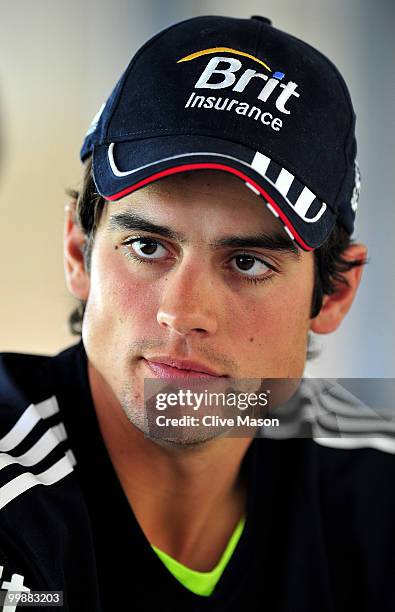 Alastair Cook of England talks to the press at a press conference ahead of a net session at The County Ground on May 18, 2010 in Derby, England.