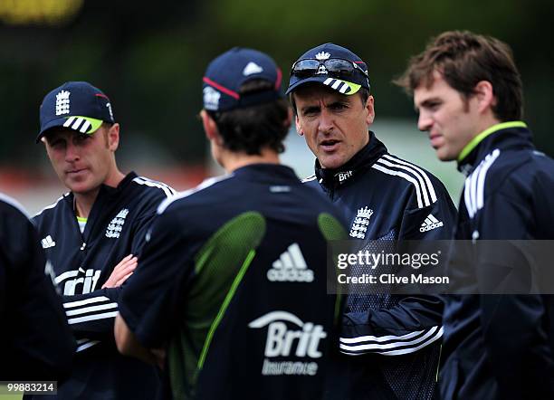 England Lions Head coach David Parsons talks to the players during a net session at The County Ground on May 18, 2010 in Derby, England.