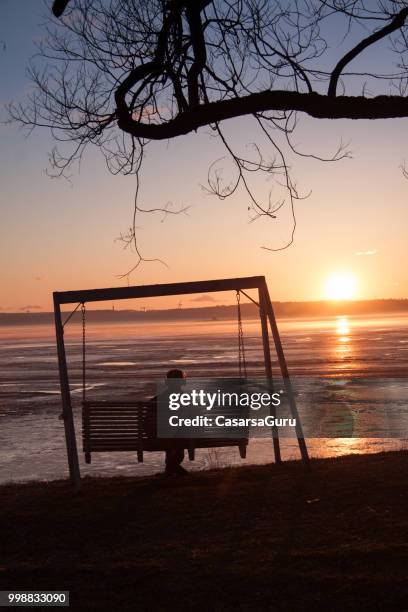 frau genießt den sonnenuntergang in der nähe von dem gefrorenen see - casarsa stock-fotos und bilder