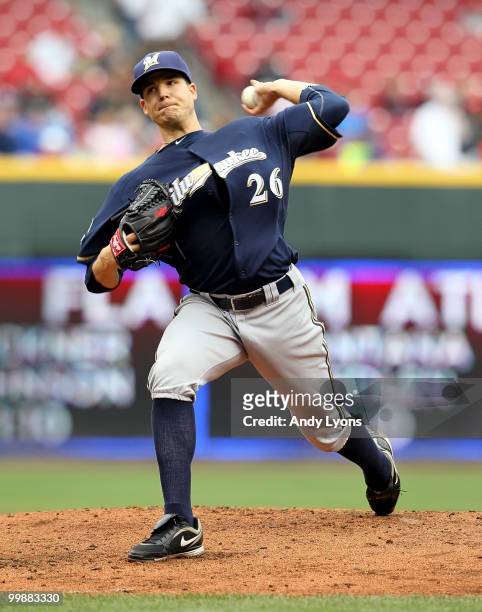 Manny Parra of the Milwaukee Brewers throws a pitch during the game against the Cincinnati Reds at Great American Ball Park on May 18, 2010 in...
