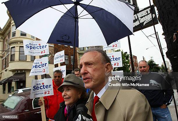 Sen. Arlen Specter campaigns with his wife Joan outside of the 4th Street Deli May 18, 2010 in Philadelphia, Pennsylvania. Specter is fighting a...