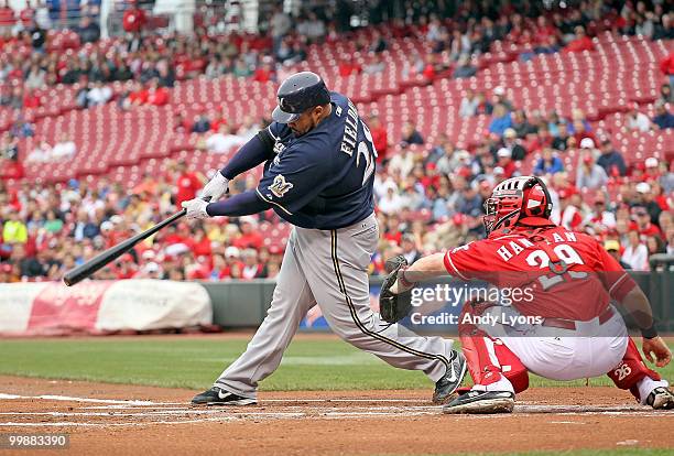 Prince Fielder of the Milwaukee Brewers hits a double during the game against the Cincinnati Reds at Great American Ball Park on May 18, 2010 in...