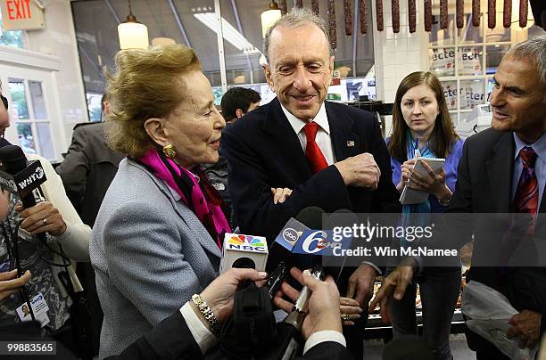 Sen. Arlen Specter answers questions from the press with his wife Joan while campaigning at the 4th Street Deli May 18, 2010 in Philadelphia,...