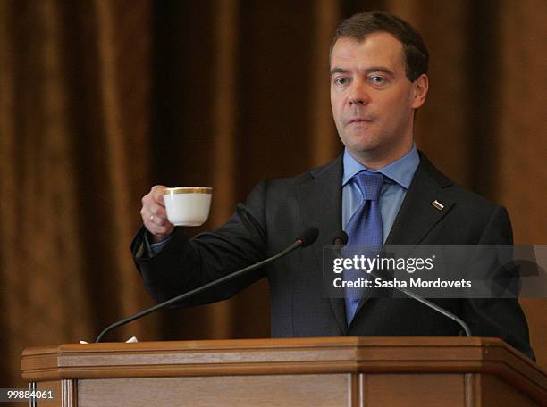 Russian President Dmitry Medvedev speaks to students at the Taras Shevchenko National University in Kiev, Ukraine, 18 May 2010. Medvedev is on a...