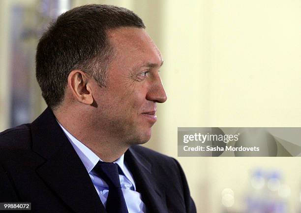 Russian billionaire and businessman Oleg Deripaska listens during a press conference for the seventh Ukraine - Russia Economic Forum in Kiev,...