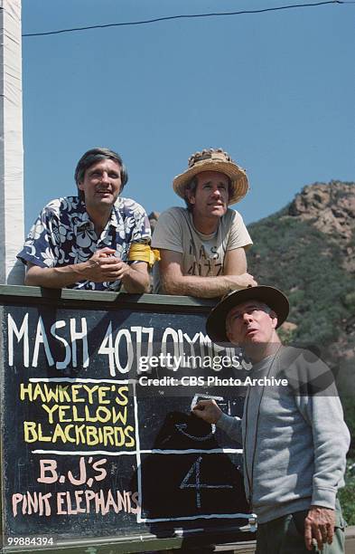 American actors, from left, Alan Alda, as Captain Benjamin Hawkeye Pierce, Mike Farrell, as Captain B.J. Hunnicut, and Harry Morgan, as Colonel...