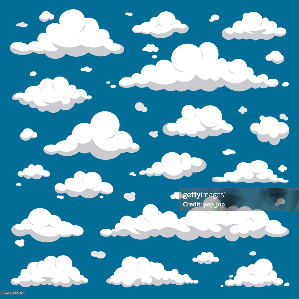 Nubes blancas aisladas en el oscuro cielo azul - Set de Vector de dibujos animados