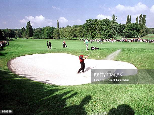 Sergio Garcia hits out of a bunker during the third round of the Lancome Trophy at the St-Nom-la-Breteche Golf Club, Paris, France. Mandatory Credit:...