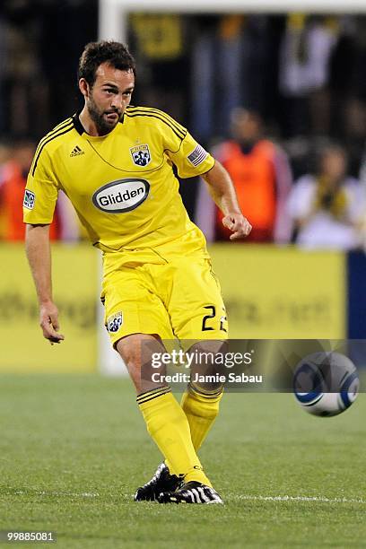 Adam Moffat of the Columbus Crew kicks the ball against Chivas USA on May 15, 2010 at Crew Stadium in Columbus, Ohio.