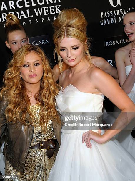 Paulina Rubio and Mischa Barton attend the backstage photocall for Rosa Clara's latest bridal collection 2011, at the Fira 2 Barcelona on May 18,...