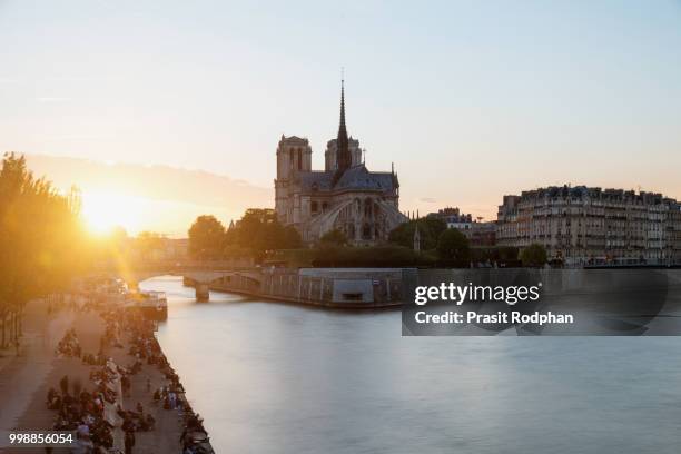 cathedral of notre dame de paris with seine river at sunset. par - par stockfoto's en -beelden