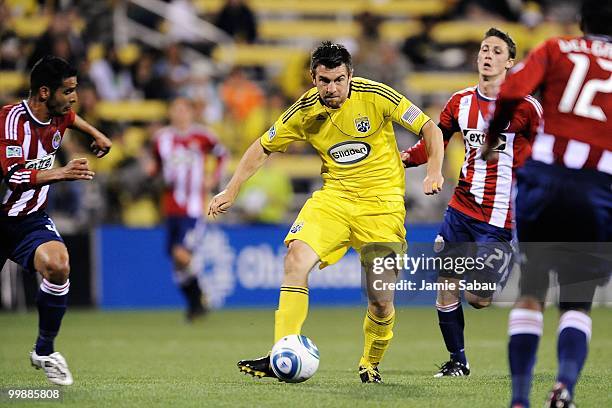 Jason Garey of the Columbus Crew controls the ball against Chivas USA on May 15, 2010 at Crew Stadium in Columbus, Ohio.