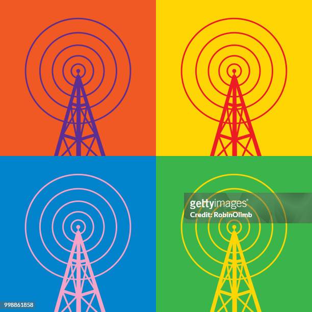 four colorful radio tower icons - broadcasting stock illustrations