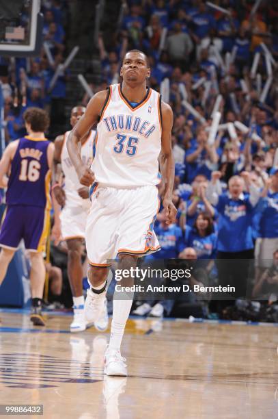 Kevin Durant of the Oklahoma City Thunder heads upcourt against the Los Angeles Lakers in Game Six of the Western Conference Quarterfinals during the...