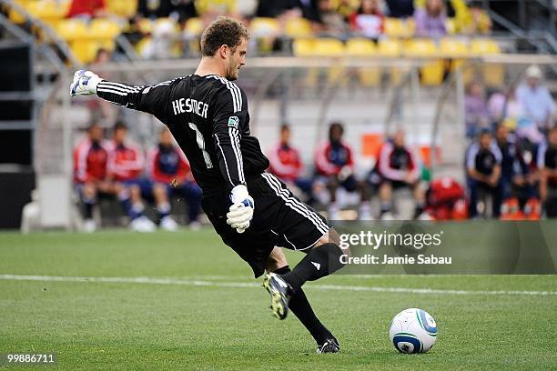 Goalkeeper William Hesmer of the Columbus Crew kicks the ball against Chivas USA on May 15, 2010 at Crew Stadium in Columbus, Ohio.